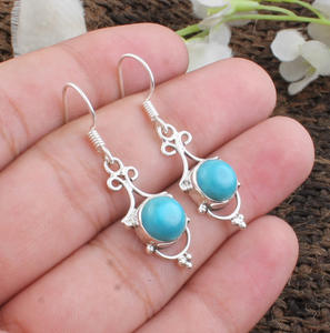 Pendientes de Turquesa Natural, Plata de Ley 925, Pendientes Colgantes Vintage, Piedra Azul Genuina, Joyería Étnica, Fabricante Mayorista - Product Image 4