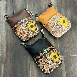 Riñonera de cuero de vaca mecanizada a mano de lujo superventas con diseño de girasol y monedero occidental con acento de piedra turquesa para mujer - Product Image 5
