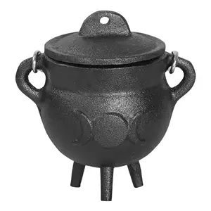 Cauldron de hierro fundido de Triple Luna de 3,5 pulgadas, con tapa y mango, soporte perfecto para difuminado de incienso, soporte para quema de ceremonia