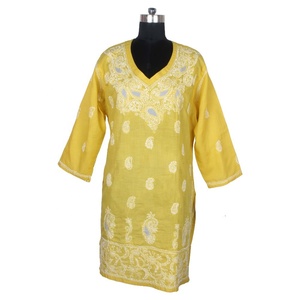 DRL023 Pollo Bordado Largo Kurta Algodón Indio Túnica Floral Top Vacaciones Vestido Tamaño S, M, L, XL, XXL Diseñador Indio - Product Image 1