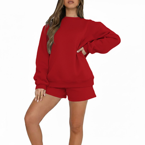 Ensemble décontracté deux pièces pour femme avec logo personnalisé : sweat-shirt oversize marron et short en molleton de coton à col ras du cou - Product Image 4