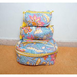 Beautiful Block Printed Quilted Cotton Vanity Bag Set Of 3 Pieces Women's Travel Cosmetic Pouch Storage Cosmetic Bags And <b>Cases</b> - Product Image 3