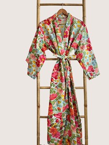 Bata Larga Estampada Floral para Mujer, Manga Larga, Cuello en V, Suave, Informal, para Primavera, de Algodón Waffle y Fibra de Bambú - Product Image 2