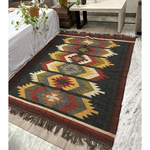 Industry Trending Geometric Kilim Area Rug Wool Acrylic Rectangle Flat Pile Living Room Decor Spot Clean Jute Backing - Product Image 4
