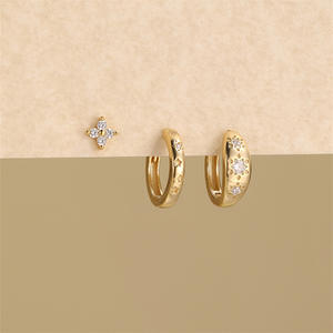 Ensemble de boucles d'oreilles créoles en or avec trèfle marquise et zircone cubique assorties S925 - Product Image 2