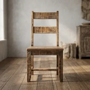 Chaise de salle à manger rustique en bois massif avec dossier, style ferme vintage, siège de cuisine en bois antique - Product Image 4