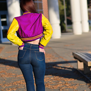 Veste courte universitaire pour femme, style Letterman, veste bomber, manches en similicuir, violet et jaune, vêtement d'extérieur décontracté, mode féminine - Product Image 5