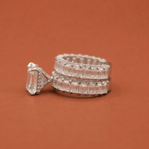 <b>Emerald</b> Cut Moissanite Diamond Studded In 925 Silver Wedding <b>Band</b> <b>Ring</b> Set For Women - Product Image 3