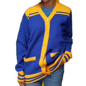 Cárdigan Personalizado con Logotipos de Zeta Phi Beta en Azul y Amarillo, Cuello en V, Manga Larga, Cierre de Botones, Color Sólido, Tejido de Punto, Ropa de Otoño - Product Image 1