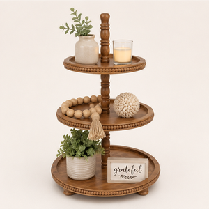Handcrafted 3 Tier Wooden Serving Tray with Bead Accent Farmhouse <b>Cupcake</b> <b>Stand</b> and Tiered Dessert Display for Wedding Decor - Product Image 5