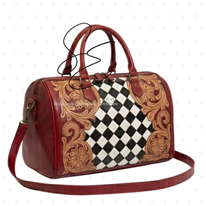 Sac de voyage SEHRAINN en cuir repoussé, motif à carreaux rouges, forme tonneau, sac de luxe avec fermeture éclair, durable - Product Image 2