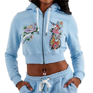High Quality Custom <b>White</b> Sparkle Diamonds Zip Up Hoodie <b>Cropped</b> 100% Cotton Drop Shoulder Boxy Fit Hoodies Streetwear - Product Image 6
