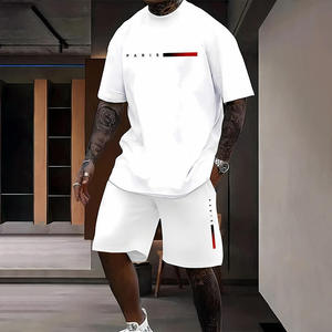 Ensemble T-shirt et short décontracté d'été pour homme, blanc, en coton, imprimé sérigraphié, col rond, tenue deux pièces respirante en maille, vêtements de sport - Product Image 3