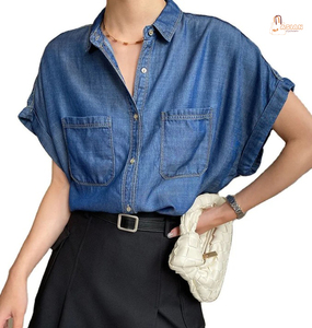 Camisa de Mezclilla Holgada con Botones para Mujer, Manga Corta, Color Sólido, Estilo Casual de Primavera/Verano - Product Image 2