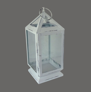 Lanterne à bougie suspendue en métal blanc vieilli, grande, avec toit pyramidal, anneau en verre bleu teinté et poignée, pour décoration de table - Product Image 6