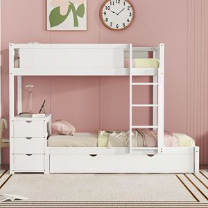 Letto a castello bianco con due letti singoli, letto estraibile con contenitore e scrivania - per bambini - Product Image 2