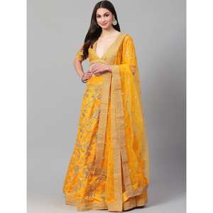 Vêtements de mariage de couleur jaune hypnotique brodés en satin Lehenga Choli - Product Image 6