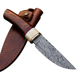 Cuchillo de caza hecho a mano de acero damasco, hoja fija con punta caída, mango de madera, funda de cuero, 12 pulgadas, para exteriores. - Product Image 1