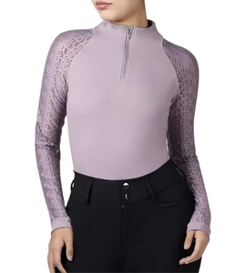 เสื้อขี่ม้าแขนยาวสีลาเวนเดอร์สำหรับผู้หญิง แขนลูกไม้ ซิปด้านหน้า คอสูง สีพื้น ผ้าสแปนเด็กซ์ ระบายอากาศได้ดี - Product Image 1