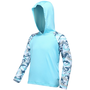 Light Blue Long Sleeve Hooded Fishing Shirt With Sublimation Print Pattern Anti <b>UV</b> <b>Protection</b> UPF 50 Polyester Material - Product Image 3