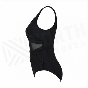 Women's Black One-Piece Swimsuit Deep V Neck Hollow Out Mesh Panel Tummy <b>Control</b> High Waist <b>Bodysuit</b> - Product Image 3