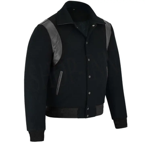 Chaqueta Varsity Negra para Hombre con Hombros de Cuero PU Gris, Cierre de Botones, Cuello Camisero, Ropa Casual de Otoño - Product Image 4