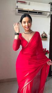 Dernier modèle de sari en géorgette haut de gamme pour soirée, non cousu, de haute qualité, design ethnique moderne, broderie à la main, bordure ajourée Fatema - Product Image 4