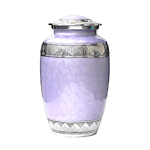 Urna Funeraria de Aluminio para Adultos con Grabado, Acabado en Estaño y Esmalte Morado Claro, Artículos Funerarios Metálicos para Cenizas Humanas - Product Image 1