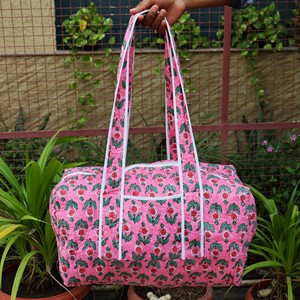 Pink Floral Cotton <b>Duffel</b> <b>Bag</b> Large Capacity Weekender Travel <b>Bag</b> Handmade with White Trim <b>Duffel</b> Casual Outdoor Storage - Product Image 4
