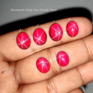Cabujón de rubí estrella Lindy hecho a mano, pulido, sintético, de 11x9x6MM, rojo, con forma ovalada de estrella de 6 puntas para la fabricación de joyas. - Product Image 1