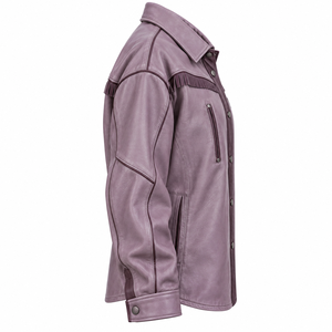 Chaqueta Overshirt de Cuero Genuino Suave Color Lavanda Polvoriento de Corte Holgado con Pecho de Flecos y Cierre a Presión para Mujer, Servicio ODM Personalizado, Proveedor - Product Image 3