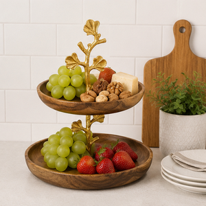 Luxury 2 Tier Acacia Wood Cake <b>Stand</b> with Gold <b>Tree</b> Branch Handle Modern Tiered Dessert Display <b>Stand</b> for Weddings Parties - Product Image 2