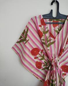 Robe Kaftan Vintage pour Femme, Imprimé Floral Jungle, Dentelle, Col en V, Manches 3/4, Longueur Genou, Coupe A-Line, Oversize, 100% Coton, Style Bohème Plage - Product Image 1