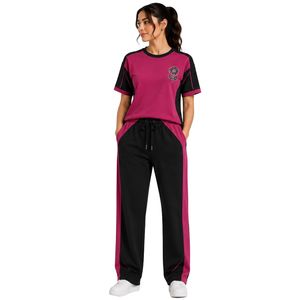 Ensemble décontracté deux pièces pour femme, t-shirt à manches courtes et pantalon droit, magenta et noir, avec contraste, personnalisable - Product Image 1