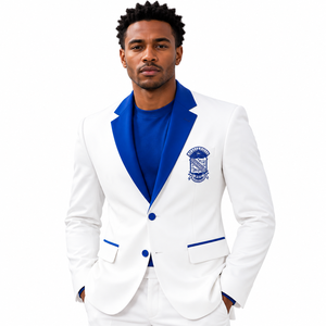 Blazer Phi Beta Sigma para Hombre, Chaqueta de Traje Formal Blanca con Solapa Azul en Contraste, Bordado del Escudo, Dos Botones, Abrigo de Negocios - Product Image 1