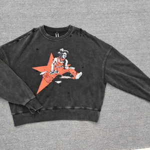 Sudadera con cuello redondo para hombre, 100% algodón, oversize, con hombros caídos, estilo vintage, streetwear, lisa, con efecto desgastado - Product Image 2