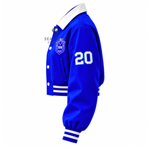 Chaqueta Universitaria Azul Satinado para Mujer Zeta Phi Beta con Cuello en Contraste Blanco, Cierre de Botones a Presión y Escudo Bordado - Product Image 3