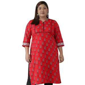 Conjunto de Dos Piezas de Kurti Recto con Estampado Floral de Algodón para Tallas Grandes, Rojo, Informal, Cómodo para el Verano, Largo hasta la Rodilla - Product Image 1