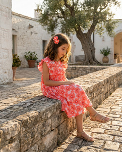 Vestido de Verano para Niñas, Diseño Premium con Estampado de Flores Rosa Coral, Mangas con Volantes de Algodón, Cómodo - Product Image 4