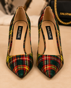 Fashion Women Tartan Stiletto Heels | <b>Pointed</b> Toe Plaid Pumps | Wholesale Ladies High Heels Traditional Wear Fashion - Product Image 1