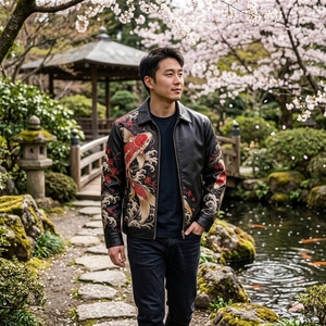 Chaqueta de Cuero para Hombre, Color Negro, con Estampado de Peces, Cuello Camisero, Cierre de Cremallera, Estilo Biker, Chaqueta de Moda Premium Personalizada, Venta al Por Mayor - Product Image 5