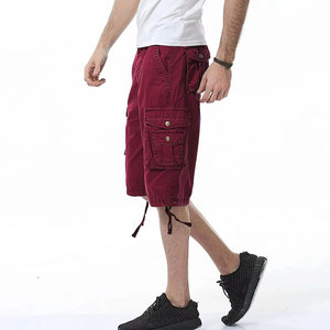Shorts cargo bordeaux pour homme, taille mi-haute, élastique, respirant, style bermuda décontracté, avec plusieurs poches, couleur unie, tissu en coton - Product Image 2