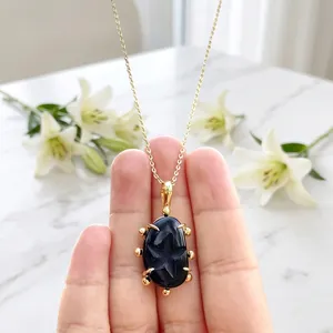 Collier pendentif réglable en forme d'étoile en onyx noir, pierre précieuse naturelle, design populaire, style luxueux, laiton plaqué or massif pour femmes - Product Image 1