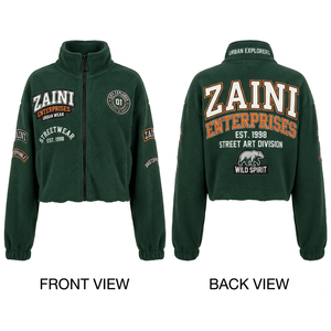 Veste polaire courte pour femme, 320 GSM, polaire sherpa doux, vert foncé, fermeture éclair intégrale, patch en chenille brodé, logo personnalisé - Product Image 1