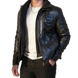 Chaqueta de Moto para Hombre de Cuero Genuino Ecológico, Estilo Urbano, Cuello Alto, Cierre de Cremallera, Cortavientos, Ajuste Delgado, para Invierno, con Logotipo Frontal - Product Image 1