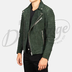 Blouson de motard en cuir suédé vert émeraude pour homme, coupe ajustée, épaules matelassées, en cuir véritable, vêtement de moto - Product Image 5
