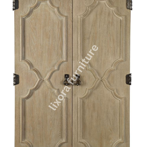 Luxury Handcrafted Solid Wood 2 Door <b>Wardrobe</b> Geometric Quatrefoil Carving Natural Oak Armoire - Product Image 3
