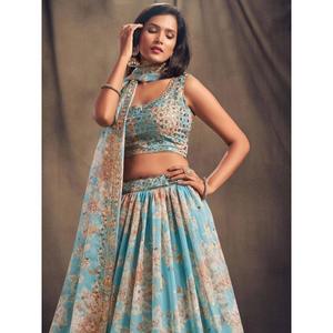 Festival d'organza imprimé floral bleu ciel Lehenga Choli - Product Image 2