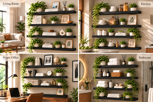 Ensemble de 4 étagères murales flottantes noires, présentoir en bois moderne avec supports en acier cachés - Product Image 4