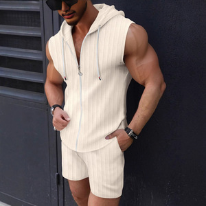 Men's Light Blue Sleeveless Hoodie <b>Set</b> <b>Knitted</b> Polyester Casual Summer Wear Breathable Solid Color Plus Size - Product Image 3